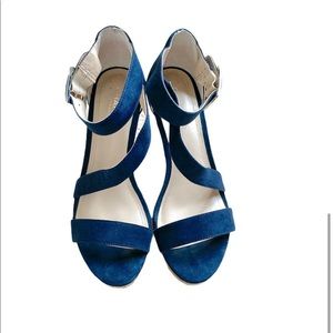 CHARLES DAVID BLUE SUEDE CORK WEDGE SANDAL
